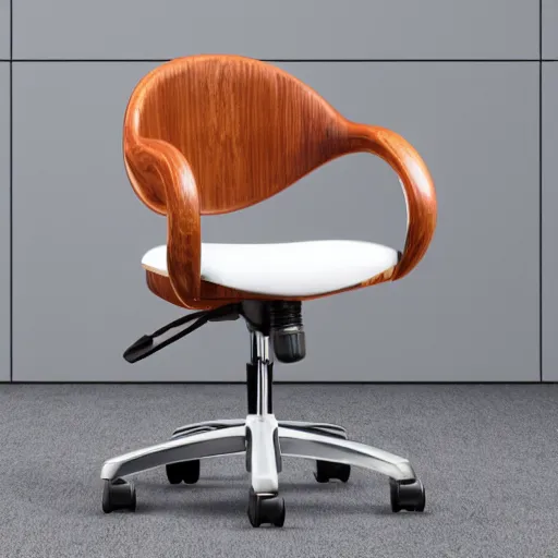 Prompt: office hair with white leather seat, circular curved wooden back, wheels, professional photography, 8k