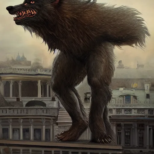 Image similar to werewolf highly sitting on the opera house at lviv, panorama, highly detailed, full body, digital painting, trending on artstation, concept art, sharp focus, illustration, art by artgerm and greg rutkowski and magali villeneuve