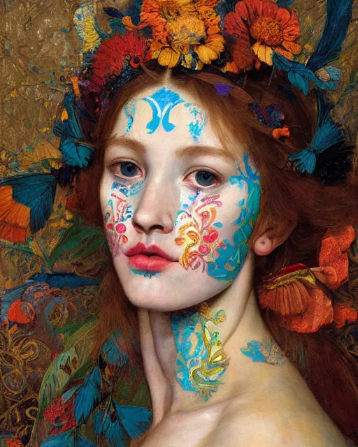 Image similar to a beautiful girl wearing colourful face paint surrounded by bright intricate patterns, by edgar maxence and caravaggio and michael whelan, intricate painting, hyper realistic, extremely detailed and beautiful aesthetic face, 8 k resolution