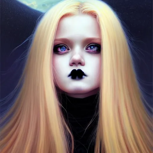 Prompt: a photorealistic detailed cinematic upclose image portrait of blonde goth girl. powerful, triumph, kawaii, glory, astonishing, by pinterest, range murata, david a. hardy, kinkade, lisa frank, wpa, public works mural