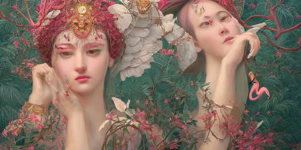 Image similar to breathtaking detailed concept art painting of the goddess of flamingo, orthodox saint, with anxious, piercing eyes, ornate background, amalgamation of leaves and flowers, by Hsiao-Ron Cheng and John James Audubon, extremely moody lighting, 8K