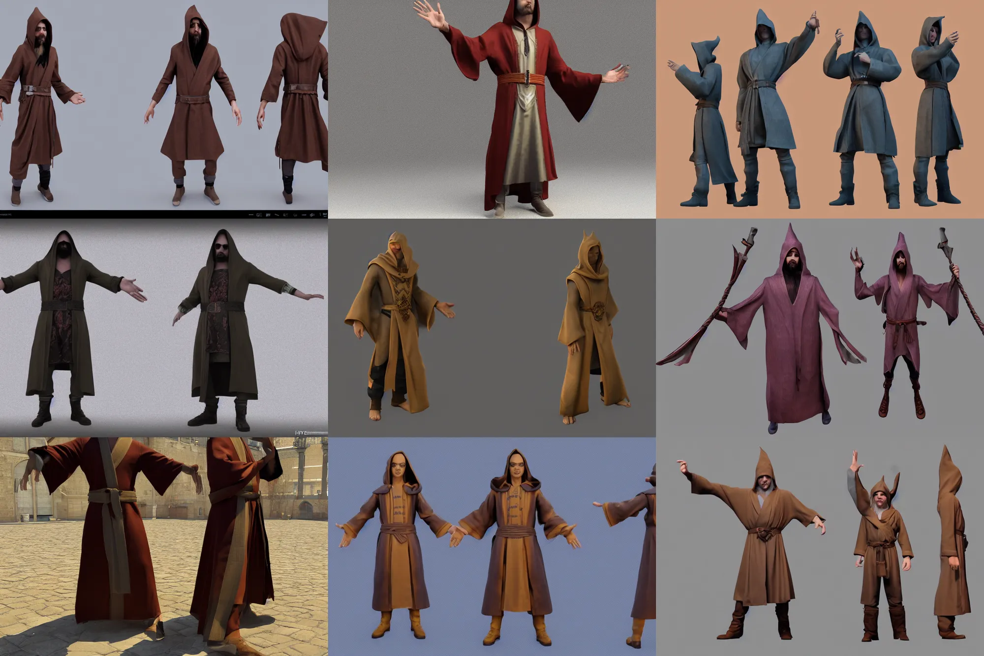 Prompt: t-pose of male magic wizard, potion satchel, belt, cult robes, hood, 3d model rigged, 3d character, TPose, 3d marketplace, front view, side view, character animation, fbx, character design sheet but 3d rendered, octane render, ray tracing, unreal engine 5, DAZ, zbrush, hyperdetailed, 8k ultra HD,