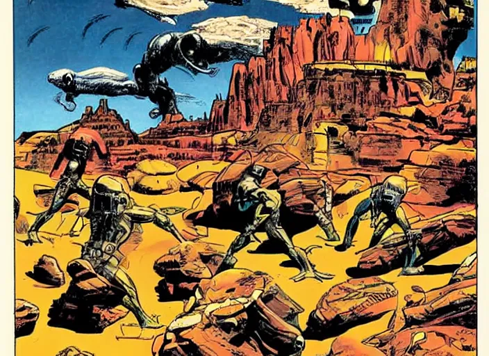 Prompt: comic book drawing of aliens building a base at the grand canyon by jack kirby!!! and simon bisley, epic, awesome bright color palette, hard contrast, black ink outlines