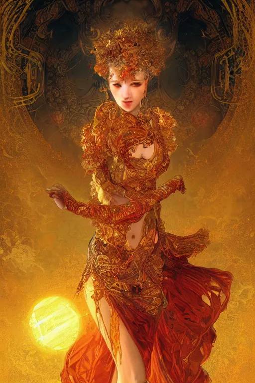 Prompt: tarot card artstation, portrait of a ravishing love dancer, sunrise, baroque ornament and rococo ornament, ancient chinese ornate, hyperdetailed, beautiful lighting, craig mullins, mucha, klimt, yoshitaka amano, depth, red and gold and orange color palette