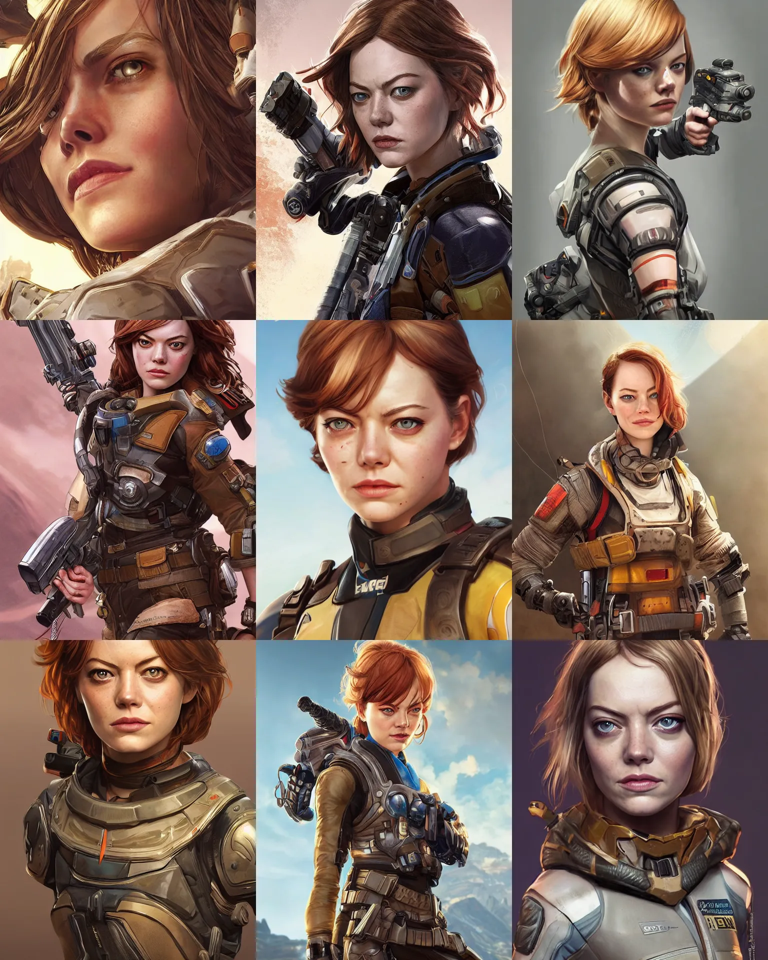 Prompt: Emma Stone as an Apex Legends character digital illustration portrait design by, Mark Brooks and Brad Kunkle detailed, gorgeous lighting, wide angle action dynamic portrait