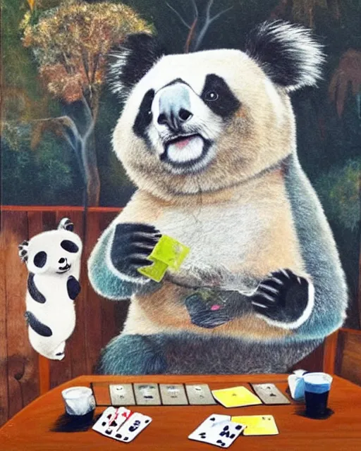 Image similar to a panda with an eyepatch and a koala with a rucksack hanging out int he australian outback with a VB and a playing poker in the style of Sidney Nolan