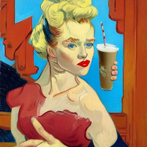 Prompt: van gogh portrait painting of a sexy beauty 1 9 4 0's pinup drinking a milkshake as overwatch's characters, medium shot, asymmetrical, profile picture, organic painting, sunny day, matte painting, bold shapes, hard edges, street art, trending on artstation, by huang guangjian and gil elvgren and sachin teng