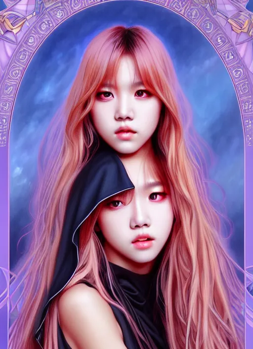 Image similar to lalisa manoban of blackpink, grim reaper costume, tarot card, highly detailed, digital painting, smooth, sharp focus, illustration, ultra realistic, 8 k, art by artgerm and alphonse mucha