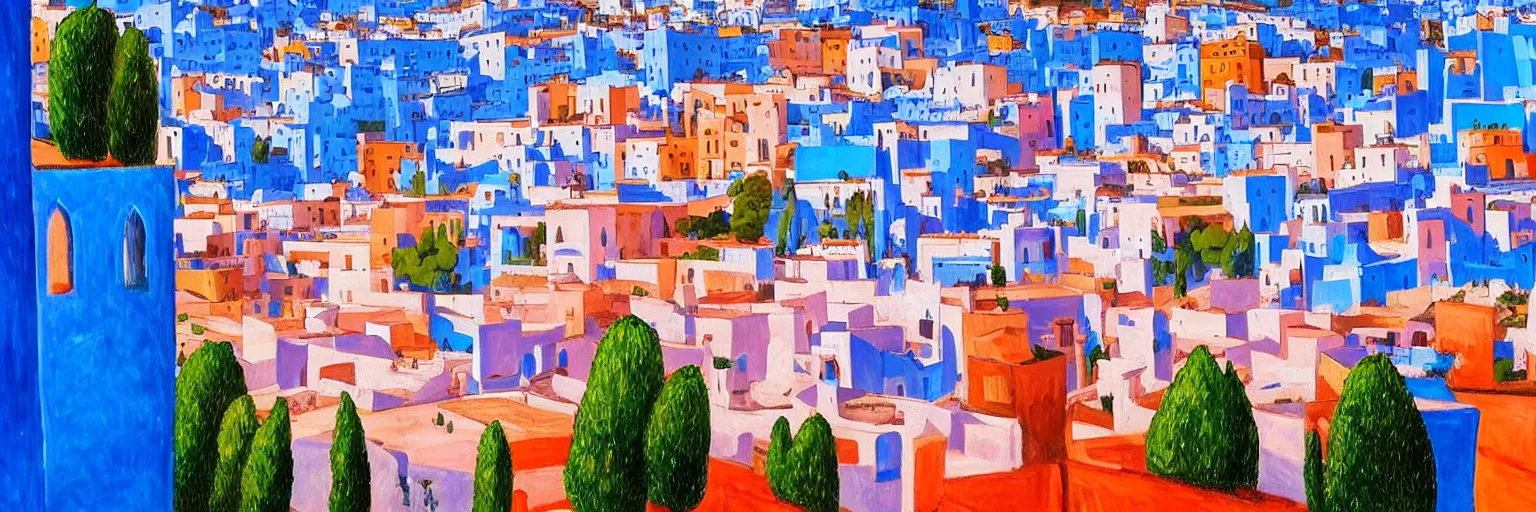 Image similar to Chefchaouen cityscape oil painting magritte