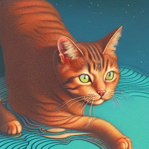 Image similar to full shot of a cat walking on water and Casey Weldon and Chie Yoshii, rich colors, intricate, elegant, highly detailed, centered, digital painting, artstation, concept art, smooth, sharp focus, illustration