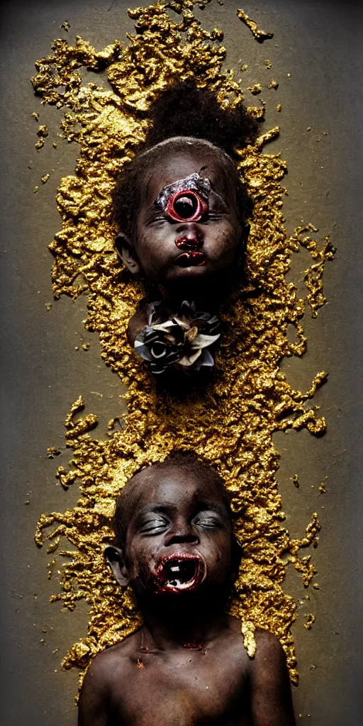 Prompt: award winning photo of black baby draped in shiny gold and puking blood, rotten flesh, flowers, vivid colors, weird and disturbing, symmetrical face, beautiful eyes, studio lighting, wide shot art by sally mann & arnold newman