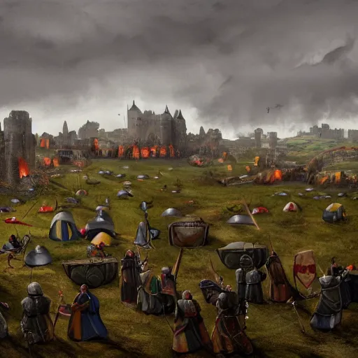 Image similar to a large army camped around a medieval castle, trebuchet and other artillery at the ready, 1200s, English country side, cloudy and rainy, trending on artstation