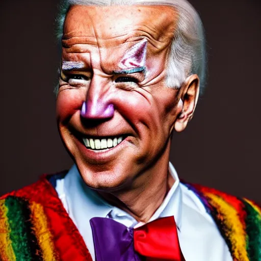 Prompt: UHD candid photo of Joe Biden dressed as a clown, wearing accurate clown makeup, accurate face, UHD, photorealistic, correct face, photo by Annie Leibowitz