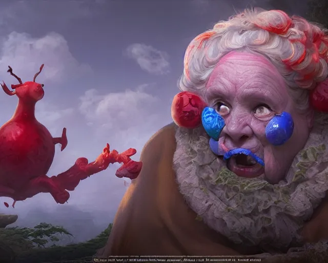 Prompt: of a very beautiful scene. processing block environment. a sweet fat old woman is in love with a huge, colorful and ugly string puppet. hyper realistic. 4 k. wide angle. in the baroque style. wild. symmetrical face, red mouth, blue eyes. deep focus, lovely scene. processing block environment. concept art. unreal engine.