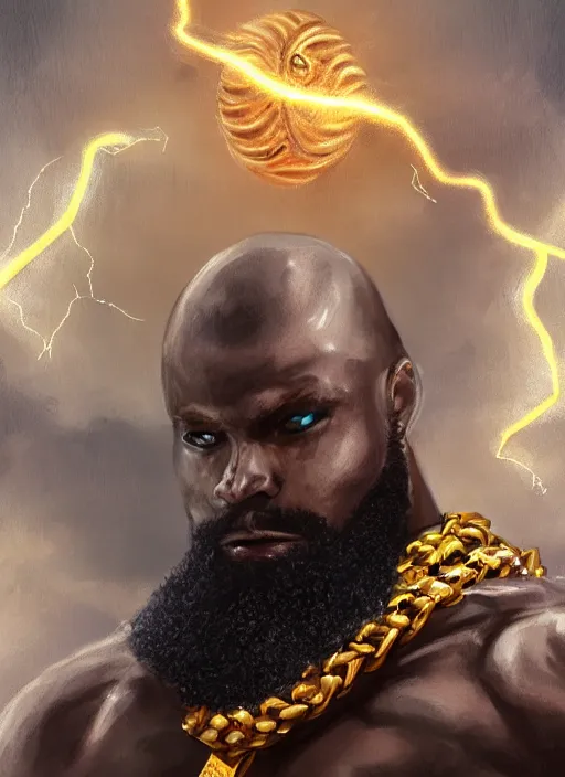 Image similar to a highly detailed illustration of bearded short haired fade african god of lightning, wearing gold chains on neck and arms, evil summoning lightning pose, moonlit clouds background, muscular, intricate, elegant, highly detailed, centered, digital painting, artstation, concept art, smooth, sharp focus, league of legends concept art, WLOP