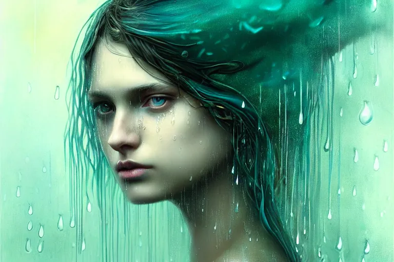 Image similar to girl in rain with wet hair and face, teal, fantasy, intricate, elegant, dramatic lighting, emotionally evoking symbolic metaphor, highly detailed, lifelike, photorealistic, digital painting, artstation, concept art, smooth, sharp focus, illustration, art by John Collier and Albert Aublet and Krenz Cushart and Artem Demura and Alphonse Mucha