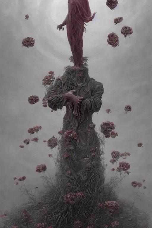 Prompt: Surreal God of Death Floating in the air, in the middle of a garden of white roses, photo realistic, insanely detailed, mist, trending on artstation, golden ratio, ultra super good realistic 3D render by Gerald Brom and Zdzisław Beksiński