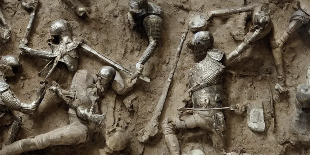 Image similar to archeological discovery of preserved remains of knights from a battle