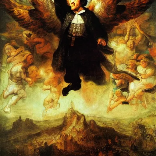 Prompt: The salvation of Richard Nixon, eyes fixed up towards heaven, surrounded by angels, by Rembrandt