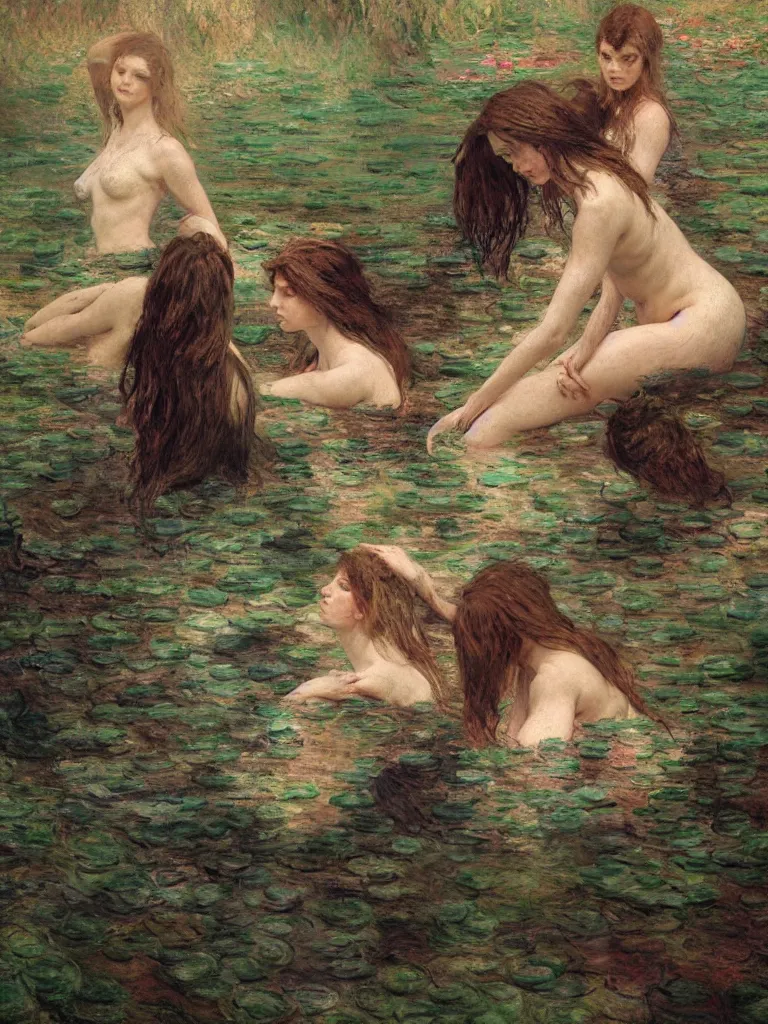 Image similar to illustration studio portrait of three dark beautiful woman bodies mermaids female energy in artistic poses in the river at the forest, monet painterly motives and textures pattern, hyper detailed, octane render, vivid colors, artstation, by jeremy mann, by alphonse mucha, by monet