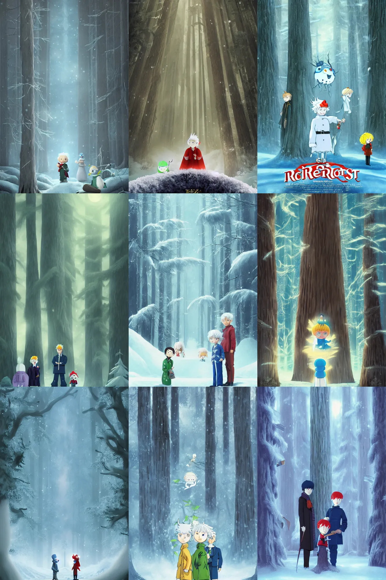 Prompt: jack Frost solving epic mysteries, Klaus Movie poster, movie still, artwork by Chiho Aoshima, a oil Rendering illustration of a cinematic beautiful closeup moment of friends standing beside redwoods love, full of details, from above trending on artstation, froz