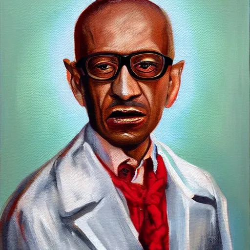 Prompt: an oil painting of Arabic Gus Fring with blood shot eyes