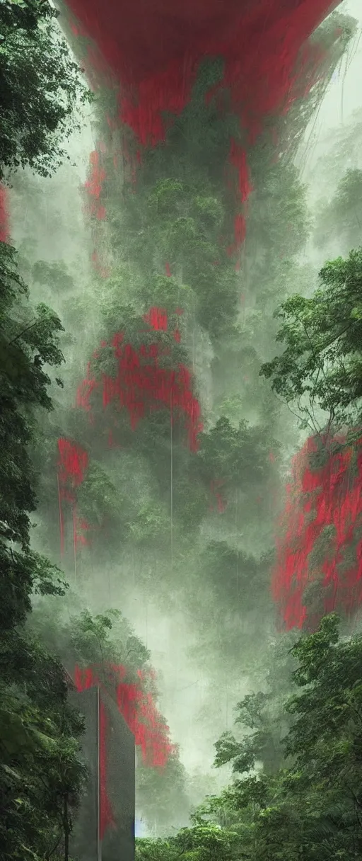 Image similar to brutalist architecture inspired by louis kahn deep in the rainforest. nature is taking over. matte painting by ivan laliashvili. concept art. color scheme green and red. mist. cinematic.