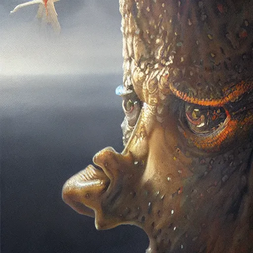 Prompt: surrealist painting of lizard jesus, close up, by greg rutkowski