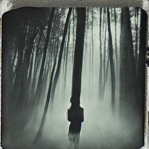 Image similar to an ancient evil-girl on a mysterious fractal forest, mist, 1910 polaroid photography, grainy film, Black and white