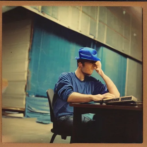 Image similar to a polaroid photo of man using a laptop inside in warehouse, he sitting on chair and small table, he's wearing blue cloth and construction hat behind him is a very scary monster, photo from behind, highly details, perfect face shape, cinematic lighting,