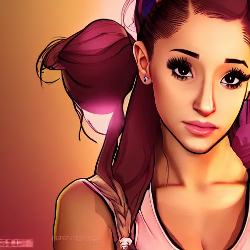 Image similar to ariana grande portrait, borderlands, tales from the borderlands, the wolf among us, comic, cinematic lighting, studio quality, 8 k