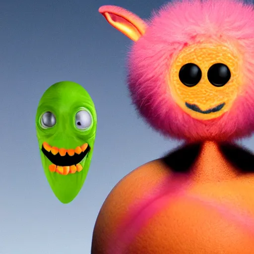 Image similar to an alien with a face that looks like a fuzzy peach the peach is fuzzy pink warm and ripe the alien has horns and a mean smile, 4k, highly detailed, high quality, amazing, high particle effects, glowing, majestic