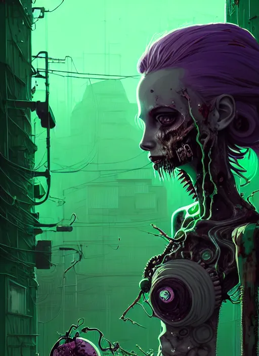 Prompt: highly detailed portrait of an moody wasteland punk long dripping green poison hair tribal zombie lady, stray wiring by atey ghailan, james gilleard, by joe fenton, by greg rutkowski, by greg tocchini, by kaethe butcher, 4 k resolution, gradient purple, brown black and white color scheme!!! ( ( green flaming robotic sewer background ) )