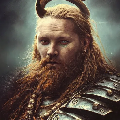 Prompt: Official photo of a majestic fierce viking man, leader, fear, scarred, highly detailed, viking attire, cinematic, 16k, 1080s, by Stanley Artgermm, Tom Bagshaw, Greg Rutkowski, Vincent di Fate, Carne Griffiths, Ayami Kojima, WLOP, trending on DeviantArt, hyper detailed, full of color, digital art,