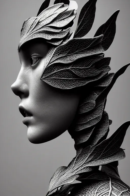 Image similar to monochrome close - up profile face, black background, beautiful young porcelain vegetal - dragon - cyborg - female, 1 5 0 mm, beautiful natural soft rim light, silver gold details, magnolia leaves and stems, roots, mandelbot fractal, elegant, hyper real, ultra detailed, white metallic armour, octane render, 1 6 k