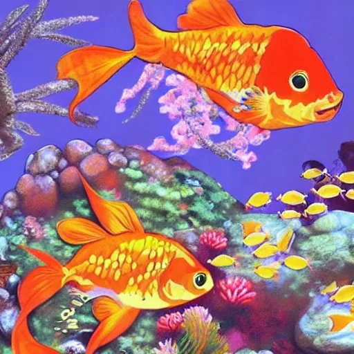 Image similar to beautiful aquarium full of cute beautiful goldfish, cartoon painting, style by anime studio ghibli