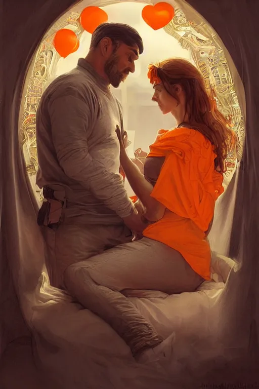 Image similar to portrait of a man in tin - foil hat and orange t - shirt hugging his wife in a bed, feelings, romantic, fantasy, intricate, elegant, highly detailed, digital painting, artstation, concept art, smooth, sharp focus, illustration, art by artgerm and greg rutkowski and alphonse mucha