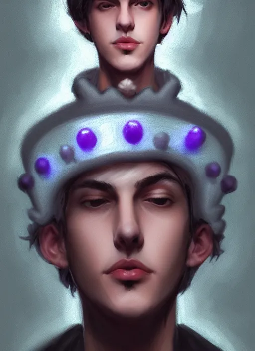 Image similar to portrait of teenage jughead jones wearing a light grey crown, photorealistic, crown, purple shirt, eyes closed, crown, black hair, intricate, elegant, glowing lights, highly detailed, digital painting, artstation, concept art, smooth, sharp focus, illustration, art by wlop, mars ravelo and greg rutkowski