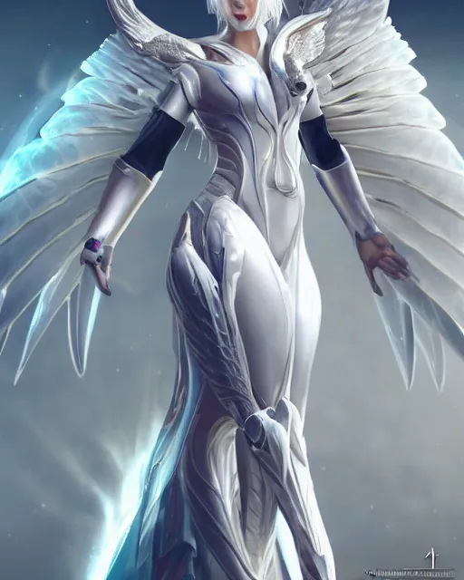 Image similar to perfect white haired egyptian goddess wearing white dove wings, warframe armor, regal, attractive, ornate, sultry, beautiful, charlize theron, pretty face, blue eyes, detailed, scifi platform, 4 k, ultra realistic, epic lighting, android body, illuminated, cinematic, masterpiece, art by akihito tsukushi, voidstar, artgerm