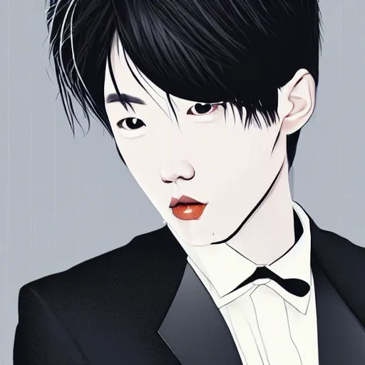 Image similar to portrait of a beautiful korean girl wearing a men's tuxedo, with short messy hair, men's haircut, angular features, angry expression, digital art, elegant pose, detailed illustration