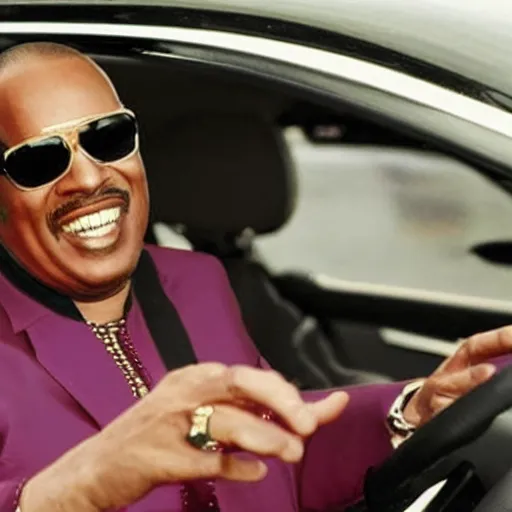 Prompt: Stevie Wonder driving a car