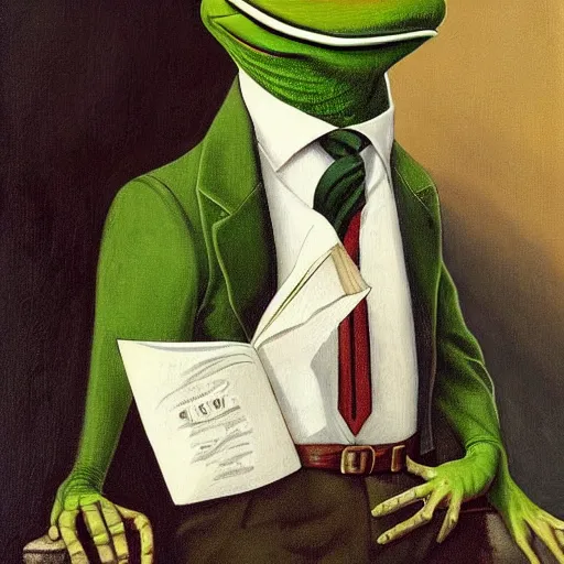 Image similar to pepe the frog in suit and tie, painting by Joseph Christian Leyendecker