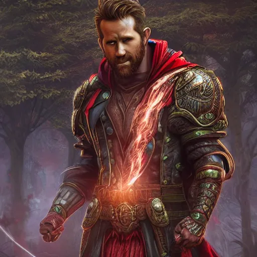 Prompt: ryan reynolds wearing wizard robes leans against a magical tree romance novel fantasy artwork epic detailed and intricate digital photo trending on artstation by wlop octane render