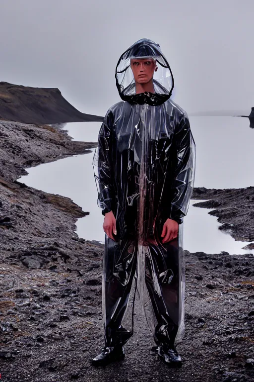 Image similar to an ultra high definition professional high fashion portrait studio full length photograph of a male model wearing a transparent pearlescent raincoat and neon visor in an icelandic black rock environment at dawn. no artefacts. extremely detailed. stark. refraction. shallow depth of field. volumetric light and shadow. ray tracing. light rays.