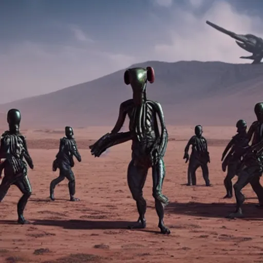 Prompt: alien standing in a desert with soldiers pointing guns at it, high quality, highly detailed