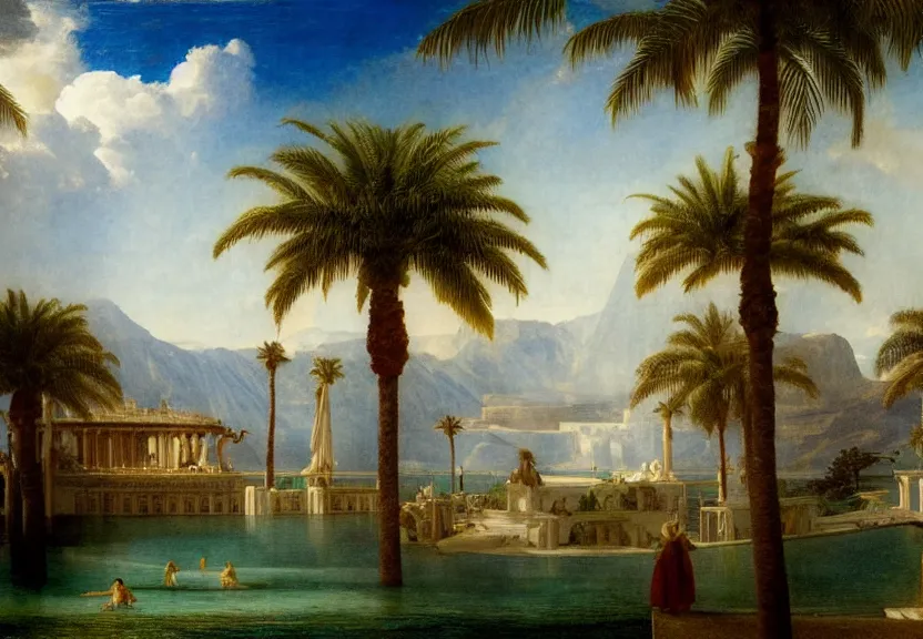 Image similar to Palace floating in the sky, 1km tall, thunderstorm, greek pool, beach and palm trees on the background major arcana sky, by paul delaroche, hyperrealistic 4k uhd, award-winning, very very very detailed