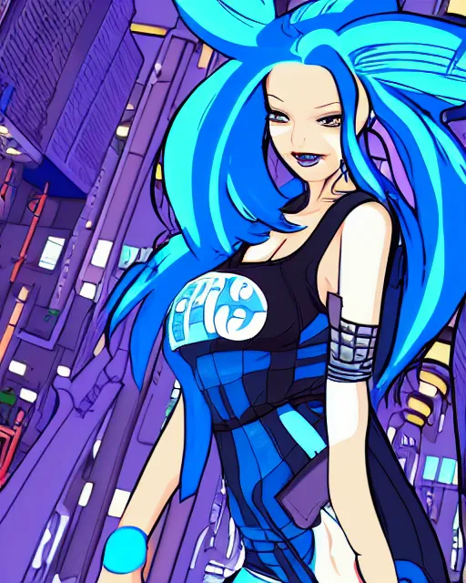 Image similar to cel shaded art of a pretty blue haired girl, jet grind radio graphics, cyberpunk city street background