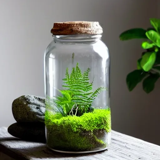 Image similar to a terrarium jar with fittonia plant, fern plant, moss and stone in a tropical atmosphere, mist