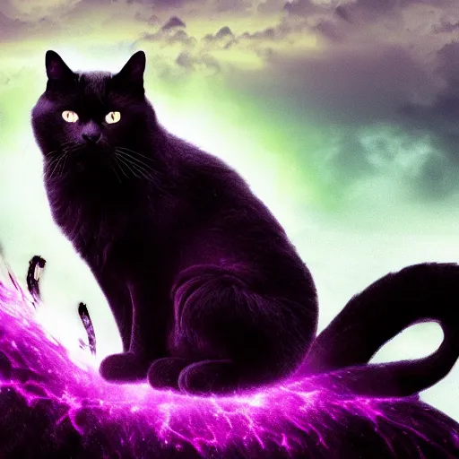 Image similar to a photo of black fluffy cat, riding on top of a big purple dragon in an electrical storm, ultrarealistic, highly detailed, 4 k
