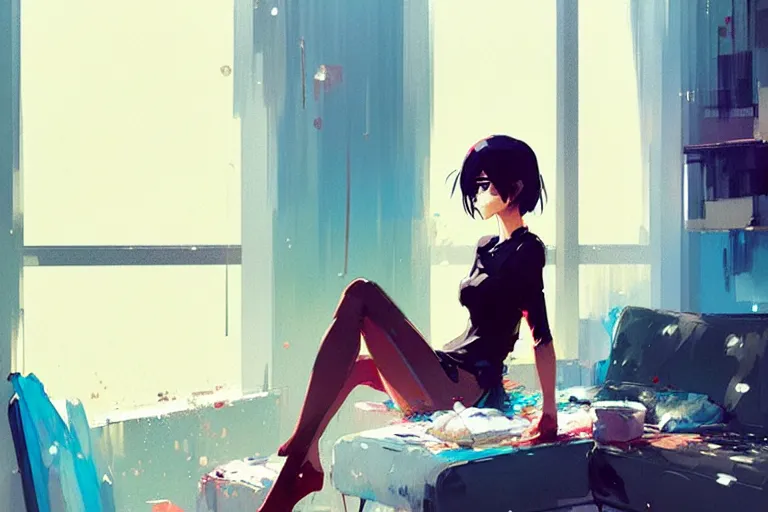 Image similar to a ultradetailed beautiful panting of a stylish woman sitting in a messy apartment, by makoto shinkai, conrad roset and greg rutkowski, trending on artstation